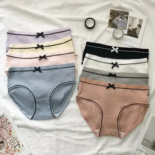 实拍实价~日系少女可爱简约内裤女纯棉抗菌中腰女生三角裤套装