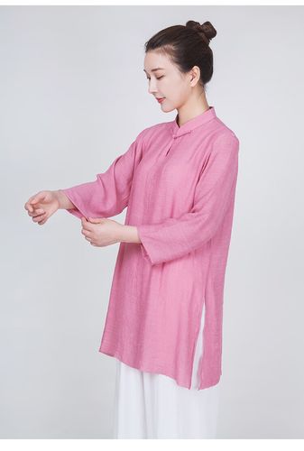 女装2023新款飘逸棉麻夏季太极拳练功服女夏天服装薄款 粉色单件上衣