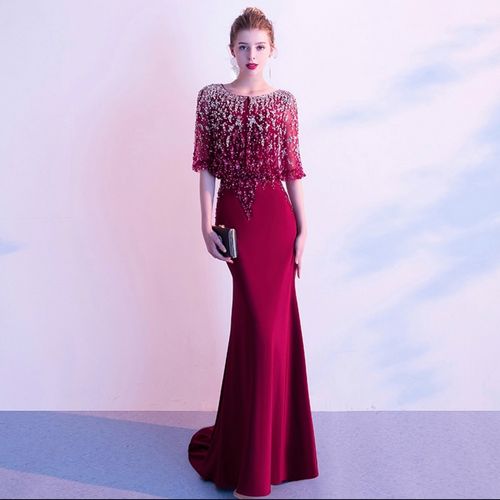 2021新款酒红新娘结婚回门敬酒服高端奢华重工鱼尾晚礼服宴会主持