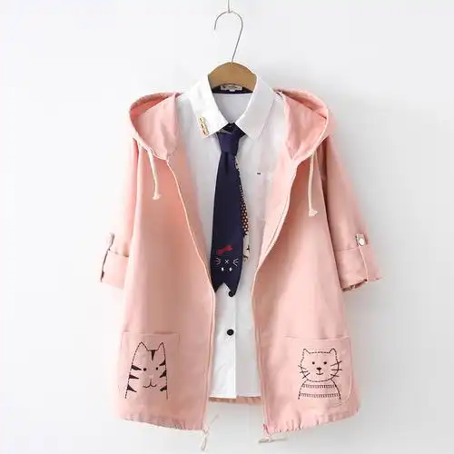 日系森女系可爱小猫咪刺绣宽松学生连帽短外套女风衣2019春装新款