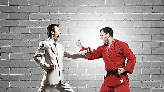 战斗,两个,对手,年轻,空手道,男人,争斗,商务人士,套装