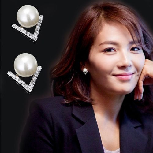925纯银v字型珍珠耳钉欢乐颂2刘涛安迪同款耳环女生镶钻饰品耳饰