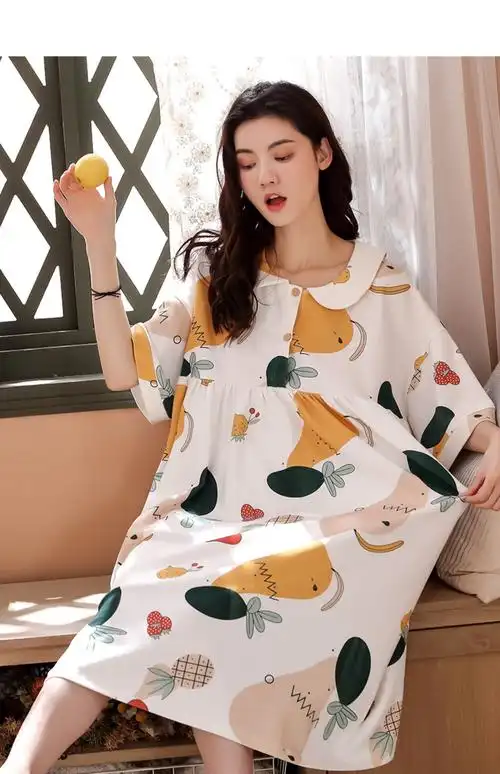 妲茵 睡衣睡裙女夏季长款纯棉短袖大码宽松全棉睡衣胖mm孕妇200斤薄款