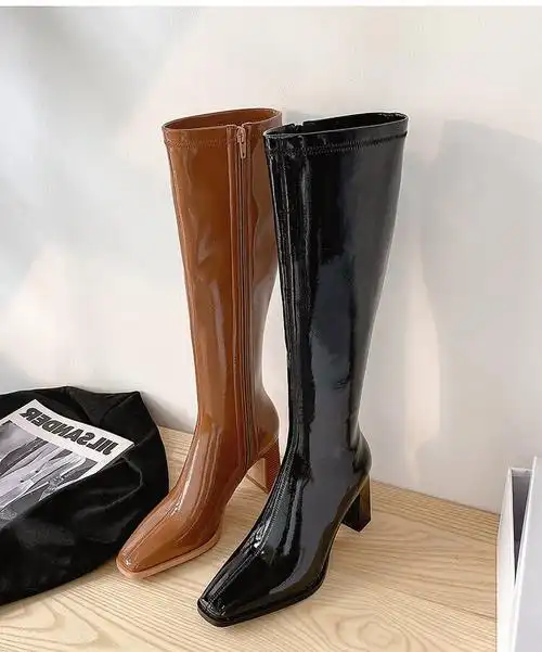 奕辕 大东女靴长靴冬季女生长筒高跟鞋方头显瘦高筒侧拉链弹力靴高跟