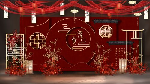 中国风新中式红色婚礼效果图舞台背景墙设计婚庆素材源文件
