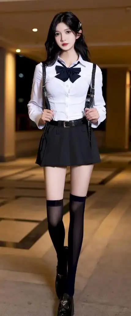 白色上衣,搭配长筒丝袜,黑色短裙,青春靓丽