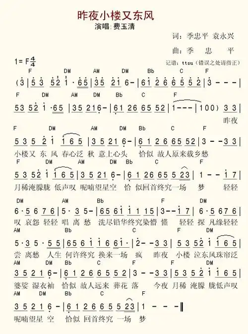 【昨夜小楼又东风简谱】昨夜小楼又东风简谱