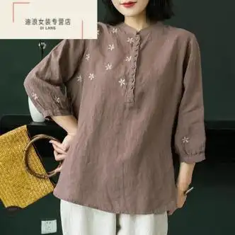 溥畔七分袖套朵刺绣衬衫女春夏复古棉麻纯色上衣棕咖色m80100斤