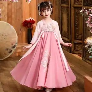女童汉服秋装儿童古装连衣裙襦裙超仙女轻纱中国风中大童唐装粉色