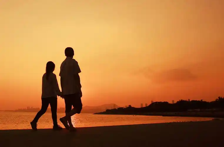 深圳红树林海滨生态公园,夕阳西下,一对情侣在悠然散步.