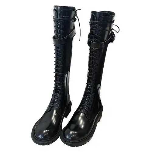 ann骑士靴女长高筒靴平底2019新款搭扣系带网红马丁靴皮带扣靴子