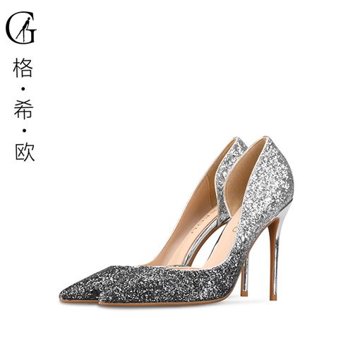 性感亮片尖头侧空单鞋渐变水晶高跟新娘婚鞋银色新款细跟宴会鞋女