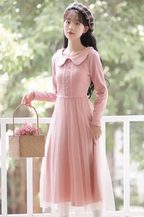 裙子少女秋冬装2020新款初中高中学生韩版修身长裙长袖连衣裙 粉色 s