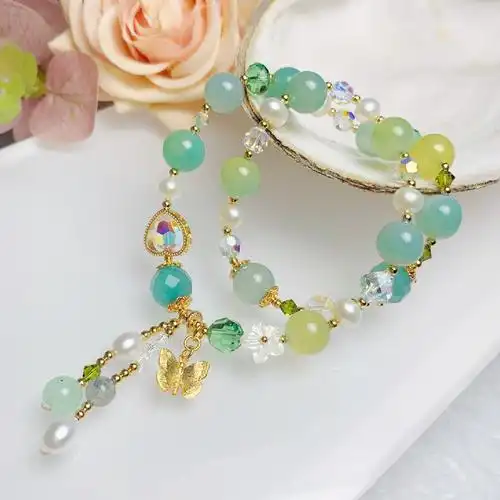 清爽糖果玛瑙水晶手链女超流苏双层手串珍珠百搭手链