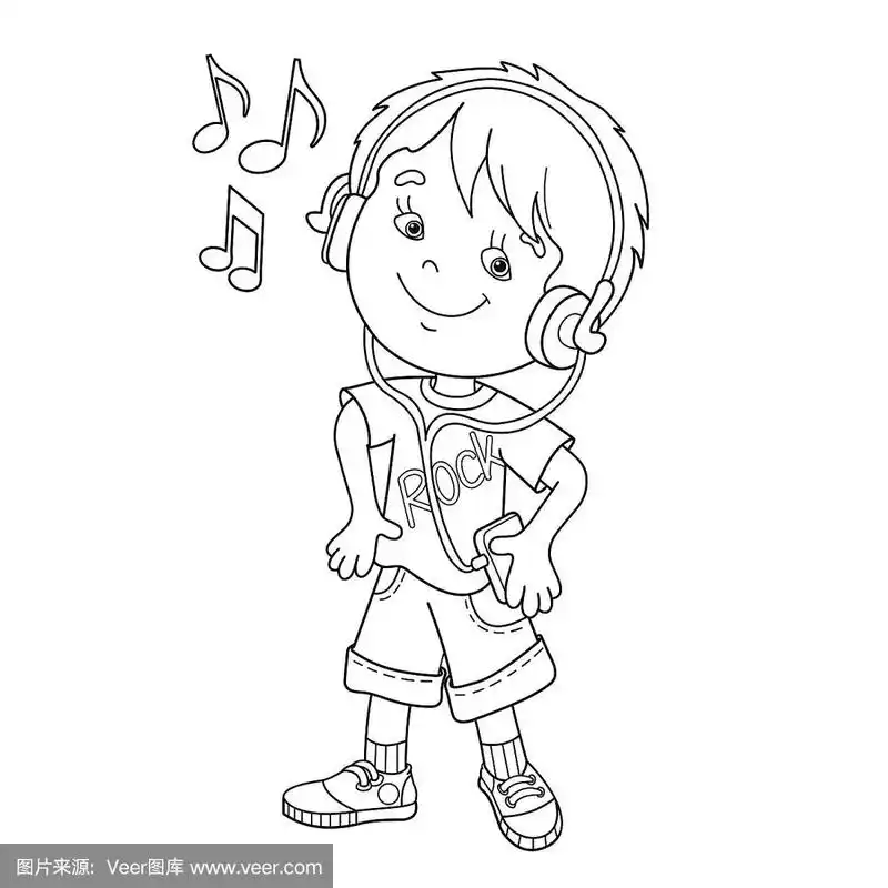 男孩戴着耳机听音乐