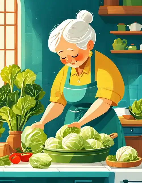 奶奶制作蔬菜汤手绘插画