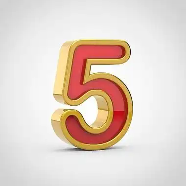 光泽的数字5.3d 渲染红色字体, 金色轮廓被隔离在白色背景上