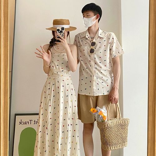 2023年夏季新款情侣装短袖衬衫男连衣裙一裙一衣度假roora法式潮