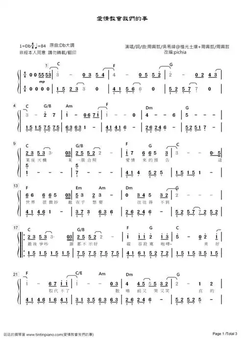 简谱周兴哲爱情教会我们的事附和弦歌词