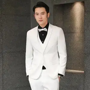 新郎西服纯白色套装男士三件套商务正装结婚礼服休闲修身韩版西装