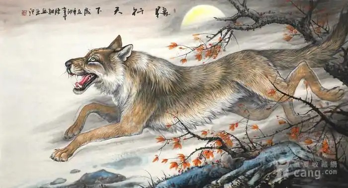 陈钢纯手绘国画字画收藏走兽六尺狼工笔画狼行千里