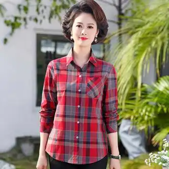 大唐喜乐牛中年妈妈棉质格子长袖衬衫中老年女装春秋装上衣休闲显瘦