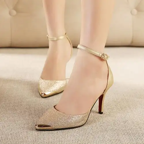 2016春夏性感一字扣包头凉鞋女鞋中跟尖头金色高跟细跟百搭女单鞋