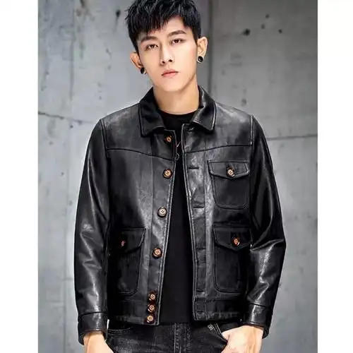 外套短款翻领修身皮夹克男潮韩版复古新款高端进口真水洗皮衣男士