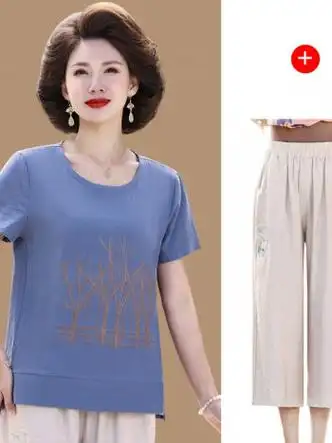 俞兆林妈妈夏装纯棉绣花t恤中年女装洋气棉绸上衣服中老年短袖棉麻