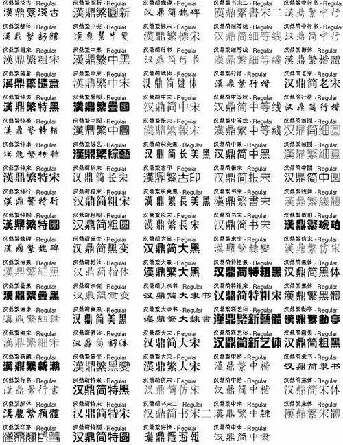 我需要一份中英文字体名称与样式对照表,最好是比较全面的,如图,谢谢
