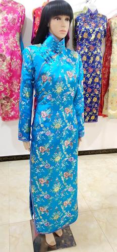湖蓝色海棠花织锦缎复古高领传统高开无拉链旗袍3xl全新样衣出售