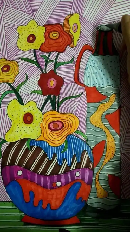 彩色线描花卉,线条的节奏以及色调的搭配,简简单单出画面效果9615