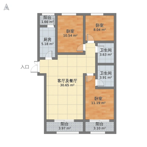 山东省泰安市岱岳区 泺亨国际3室1厅2卫 126m05-v2户型图 - 小区