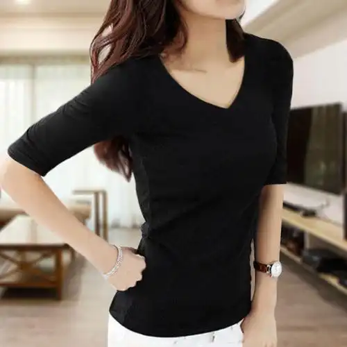 秋冬季打底衫女士中袖t恤学生紧身五分袖显瘦黑色v领半袖韩版小衫