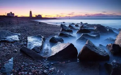 大海,晚霞,天空,灯塔,礁石,沙滩,海浪,风景,沿海印记大海壁纸图片