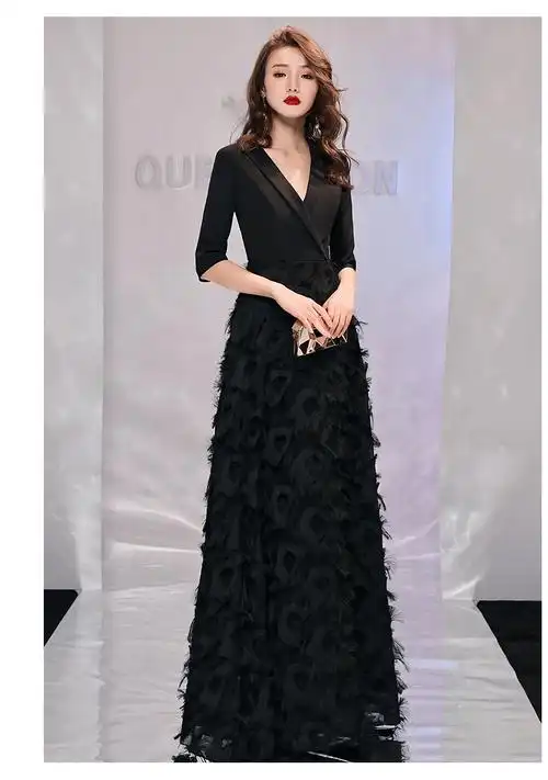 黑色晚礼服女2019新款秋季宴会高贵优雅长款派对小礼服显瘦连衣裙