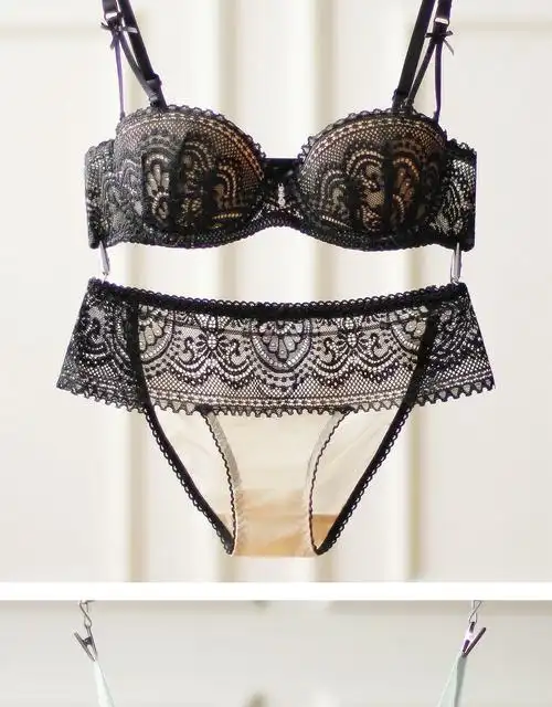 俞兆林新品文胸性感钢圈上托小胸聚拢薄款超薄蕾丝少女内衣套装透明大