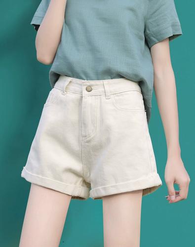 米白色牛仔短裤女夏薄2024新款春秋高腰宽松显瘦a字阔腿休闲热裤