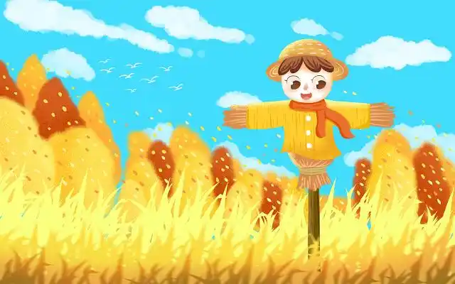 秋天插画彩色卡通手绘秋天立秋稻田稻草人唯美风景原创插画海报