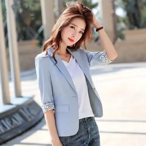 小西装外套新款春季韩版修身中袖西服短款七分袖时尚西装女臻依缘