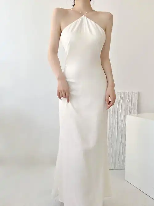 moonylove新娘晨袍简约气质珍珠吊带连衣裙显瘦性感露背大方礼服