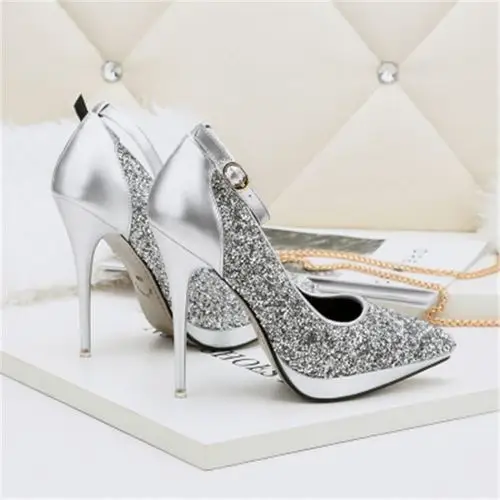 12厘米新款防水台时尚高跟鞋女细跟恨天高春夏季银色一字带单鞋 银色