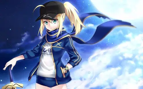 背景黑色,saber带着鸭舌帽,剑插地的一张壁纸