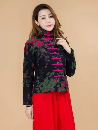 厂家直销 民族风棉衣女装短款棉袄盘扣中式复古棉麻棉服冬装外套