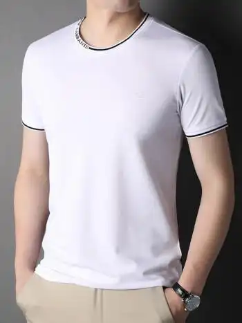 男式年夏季新款桑蚕丝t恤衫男短袖圆领军旅风体恤白色m