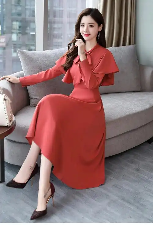 pq74984# 新款连衣裙女装时尚荷叶袖气质收腰长袖秋冬裙子连衣裙女