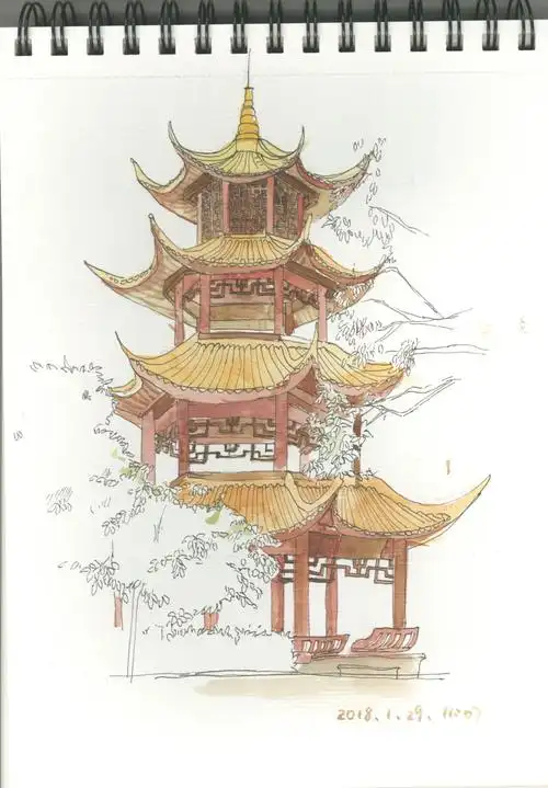 亭子手绘,工具水彩