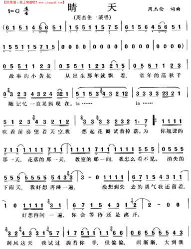 求一个周杰伦晴天的双手钢琴简谱.在线等.