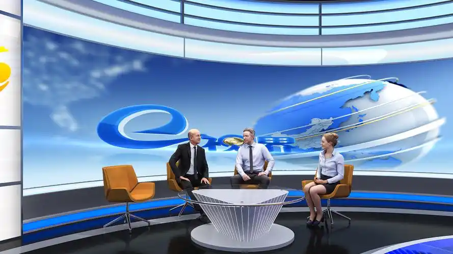 演播室进行以下规划:210﹐融媒体新闻全景演播室含大屏坐播区,访谈区