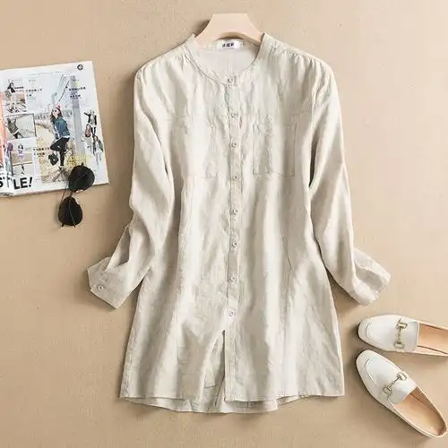 立领棉麻显瘦麻料长袖女高端春季衬衣女士宽松中长款复古亚麻衬衫